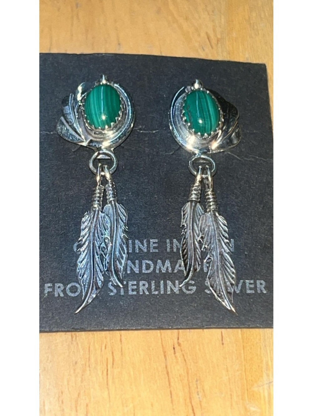 Native American Navajo sterling silver malachite feather cluster earrings